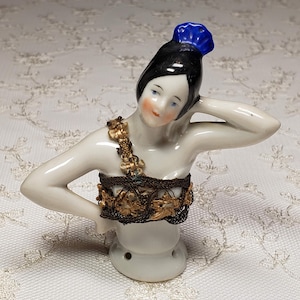 Antique 1920&#39;s Glazed Bisque Half Doll, Pin Cushion, Germany