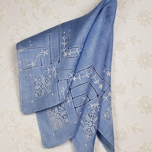 Vintage 1940&#39;s Linen Handkerchief, Hanky, Hankie - Embroidered White on Blue, Openwork