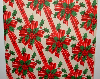 Full Sheet - Holly, Red Ribbon Bows - 1950's Christmas Gift Wrapping Paper