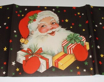 Full Sheet - Santa on Black, Stars - 1950's Christmas Gift Wrapping Paper
