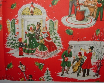 Full Sheet - Victorian Carolers - 1950's Christmas Gift Wrapping Paper