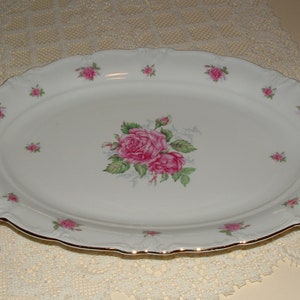 Vintage China 14&quot; Oval Serving Platter - Pink Roses - Winterling, Bavaria, Germany #56