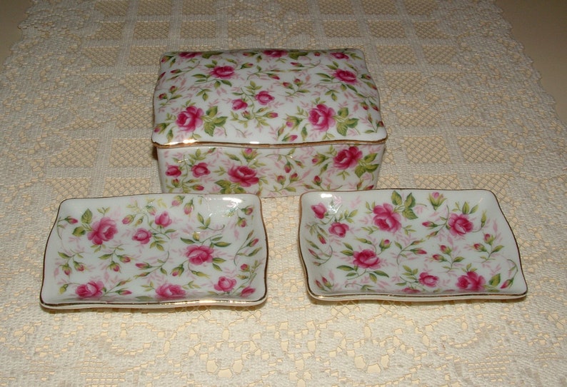 Vintage LEFTON Rose Chintz Vanity Box With Lid 2 Trays 788R Etsy