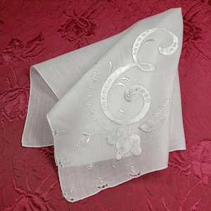 Vintage White Linen Wedding Handkerchief, Hanky, Hankie - White Satin Applique, Embroidered &quot;E&quot; Monogram