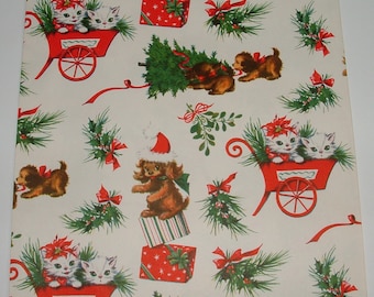 Full Sheet - Kittens, Puppies, Cat, Dog - 1950's Christmas Gift Wrapping Paper