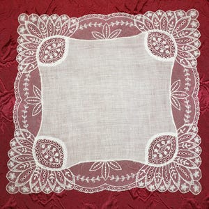 Gorgeous Vintage Wedding Handkerchief, Hanky, Hankie - White Linen, Tambour Lace
