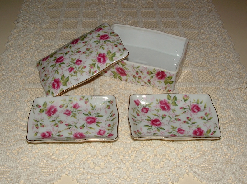 Vintage LEFTON Rose Chintz Vanity Box With Lid 2 Trays 788R Etsy