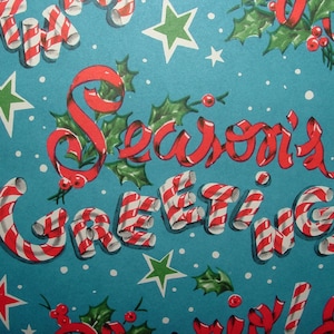 Full Sheet - Candy Cane Greetings, Stars - 1950&#39;s Christmas Gift Wrapping Paper