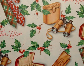 Full Sheet - Men's Accessories, Holly - 1950's Christmas Gift Wrapping Paper