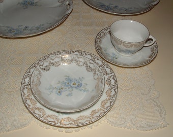 1800's Vintage 4 Pc. Place Setting China - Blue Flowers, Forget-me-nots - KPM Germany