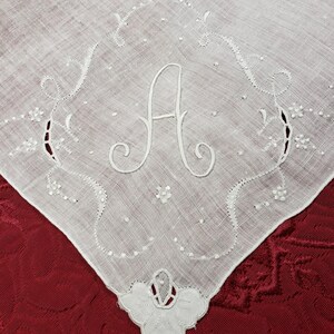 Vintage White Linen Wedding Handkerchief, Hanky, Hankie - White Satin Stitch Embroidered &quot;A&quot; Monogram