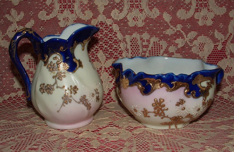 Stunning Vintage Sugar and Creamer Cobalt with pastels image 1