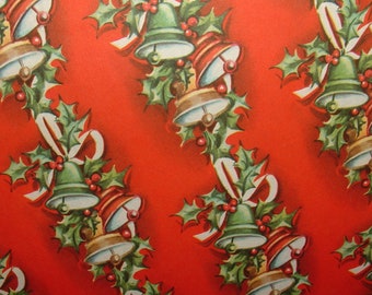 Full Sheet - Christmas Bells & Holly - 1950's Christmas Gift Wrapping Paper