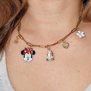 Gold charm necklace with Minnie Mouse, castle, princess, flower charms - Dainty chain necklace