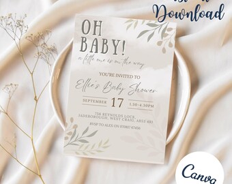 Puede incluir: Una invitación a un baby shower con el texto "OH BABY!" y "Ellie's Baby Shower" en una fuente suave y elegante. La invitación incluye la fecha, la hora y el lugar, con detalles florales y las palabras "Descarga instantánea".