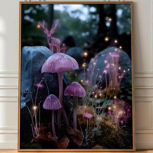 Stampa digitale di funghi magici al neon | Arte luminosa della foresta incantata | Scarica Mystical Woodland | Poster fantasy di funghi viola, sfondo