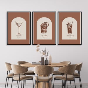 Set di 3 stampe da parete con cocktail, design minimalisti di drink (Martini, Gin Tonic, Long Island), download digitale