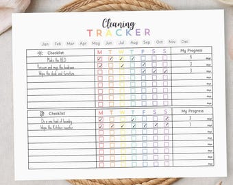 Checklist eenvoudige schoonmaakgewoonten | Regenboogkarweientabel | Week- en maandplanner | Afdrukbaar