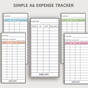 May include: A set of five rectangular A6 expense tracker inserts with white paper and black grid lines. Each sheet features fields for purpose, starting amount, date, in, out, balance, and cash left. Some headers are highlighted in blue, green, or pink.