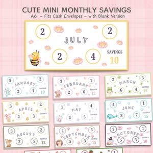 Puede incluir: Un conjunto de rastreadores de ahorro mensual A6 para sobres de efectivo. Cada tarjeta rectangular presenta un nombre de mes, círculos numerados para seguimiento e ilustraciones temáticas como abejas, flores, animales e iconos estacionales. El texto incluye CUTE MINI MONTHLY SAVINGS, A6 ~ Fits Cash Envelopes ~ with Blank Version y los meses de enero a octubre.