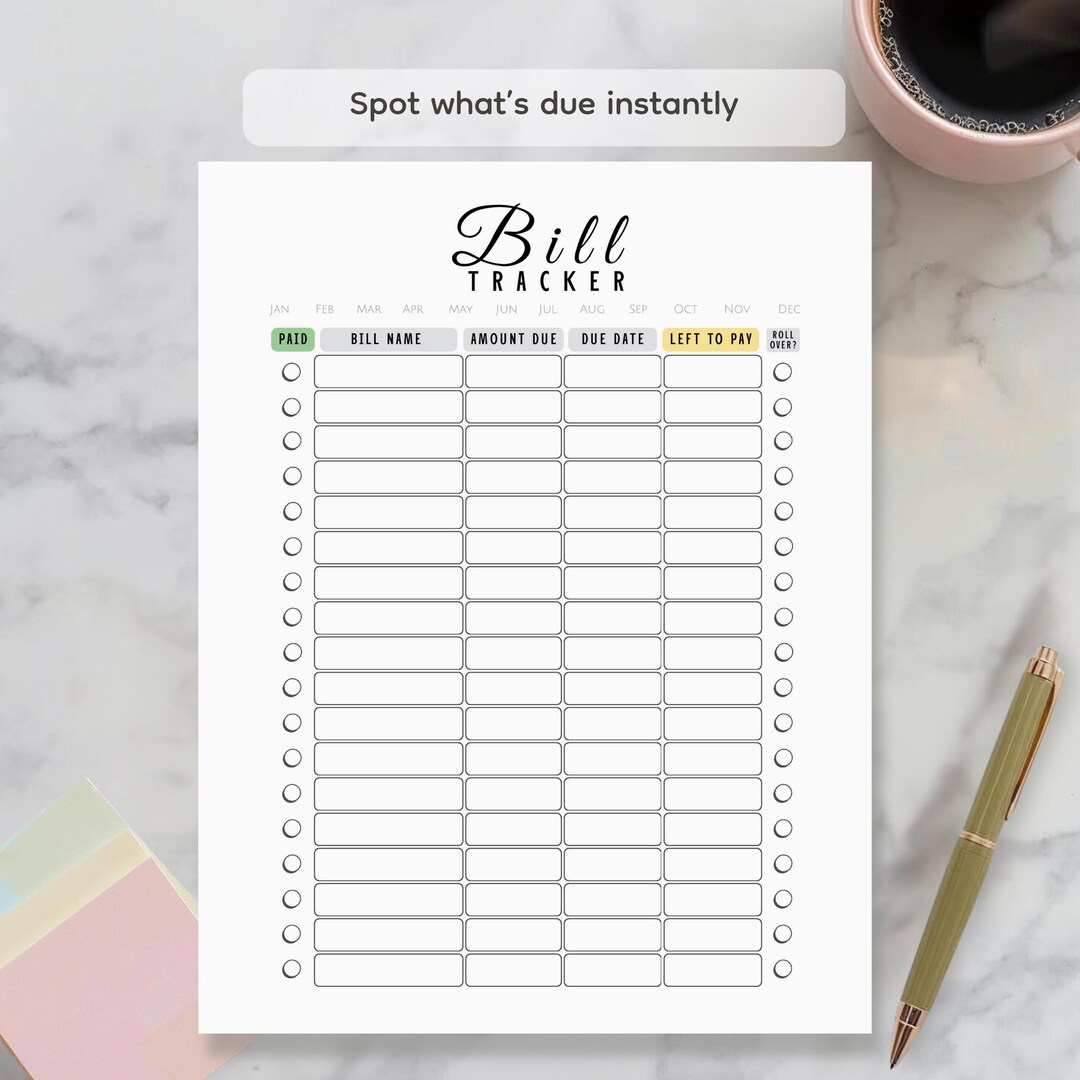 Bill Tracker | Color-coded Bill Checklist | Easy Organizer for ...
