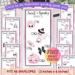 May include: Pink and white Halloween-themed budget trackers with illustrations of ghosts, skulls, and bows. The text reads "Sweet & Spooky Savings" and "Fits A6 Envelopes (3 inches x 6 inches)". Includes a free budget tracker.