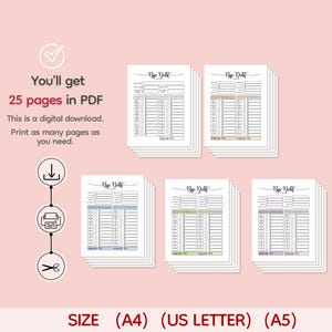 May include: A stack of printable debt tracker sheets with the text "Bye Debt" at the top. The sheets are in various colors and sizes, including A4, US Letter, and A5. The image also includes the text "You'll get 25 pages in PDF."