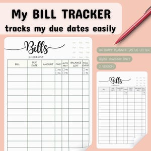 Checkliste- Fälligkeitsdatum Tracker- Monatliche Tracking- Zahlungs Kalender- Rechnungs Planer- Printable- A4- US Letter- Notizblock- Happy Planner Größe-