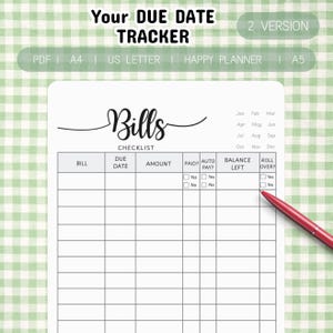 Lista de verificación de FACTURAS - Rastreador de FECHAS DE VENCIMIENTO - Seguimiento mensual - Calendario de pagos - Planificador de facturas - PDF - A4 - Carta de EE. UU. - Bloc de notas - Tamaño Happy Planner - Insertar