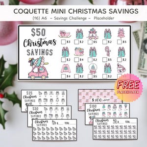 May include: A set of Coquette Mini Christmas Savings A6 challenge trackers featuring various holiday-themed illustrations like pink cars, gift boxes, and sleighs. Each card includes dollar amounts for tracking savings goals with checkboxes for marking progress.