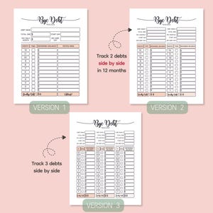 May include: Three versions of a "Bye Debt" tracker are shown, designed to help track debts. Each version has a different layout, with Version 1 tracking one debt, Version 2 tracking two debts, and Version 3 tracking three debts. The trackers are on a pink background.