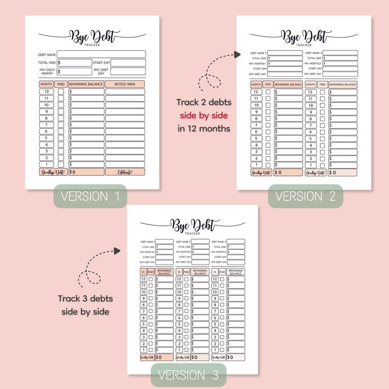 May include: Three versions of a "Bye Debt" tracker are shown, designed to help track debts. Each version has a different layout, with Version 1 tracking one debt, Version 2 tracking two debts, and Version 3 tracking three debts. The trackers are on a pink background.