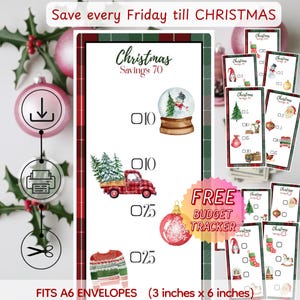 May include: A Christmas savings tracker with a red and green border, featuring illustrations of a snow globe, a red truck with a Christmas tree, and a sweater. The text reads "Christmas Savings 70" and "Save every Friday till Christmas". The tracker is 3 inches x 6 inches.