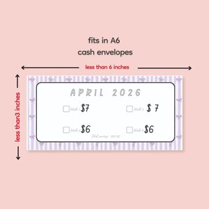 Pode incluir: Um rastreador de poupan&ccedil;a lil&aacute;s claro e branco para abril de 2026, projetado para caber em envelopes de dinheiro A6. O rastreador tem um padr&atilde;o de la&ccedil;o e inclui espa&ccedil;os para rastrear economias semanais de 7 &euro; e 6 &euro;. Mede menos de 7,6 cm por menos de 15,2 cm.