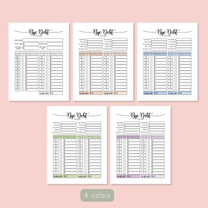 May include: Five white "Bye Debt" trackers with different colored borders. Each tracker has a space for debt information, including total owed, monthly payments, and remaining balance. The bottom of the image reads "4 colors."