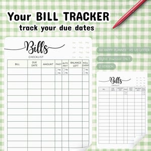 BILL Checklist- DUE DATE Tracker- Maandelijkse tracking- Betalingskalender- Bill Planner- Pdf- A4- Us Letter- Kladblok- Happy Planner-formaat- Invoegen