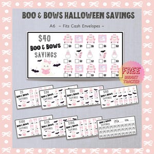 May include: A collection of A6 size cash envelope savings trackers featuring a Boo & Bows Halloween theme. The cards display various dollar amounts, ghost and bow illustrations, and checkboxes for tracking progress, including a budget tracker.