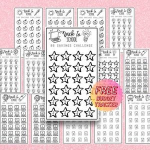 Puede incluir: Una colección de imprimibles de desafíos de ahorro en blanco y negro con varios temas, incluyendo manzanas, bombillas y estrellas. El texto "Back to School" se destaca, junto con "Free Budget Tracker".