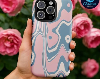 Retro Wavy Marble Phone Case: Pastel Pink & Blue Abstract Art