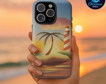 Tropical Sunset Phone Case – Palm Tree & Lighthouse Design for iPhone and Samsung