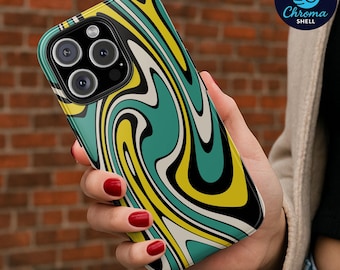Retro Swirl Phone Case: 70s Psychedelic Teal, Yellow & Black