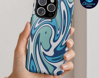 Blue Swirl Phone Case: Abstract Wavy Art, Glossy Tough Shell
