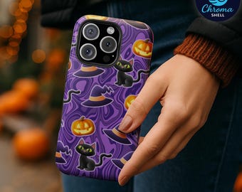Black Cat & Pumpkin Phone Case: Halloween Witch Hat Pattern