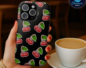 Cherry Phone Case - Black & Red Fruit Pattern Cover for iPhone and Samsung