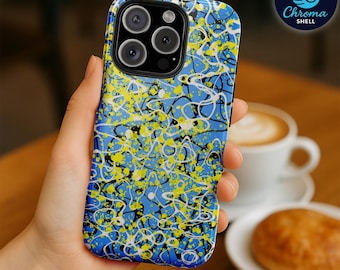 Abstract Splatter Art Phone Case – Blue Yellow Drip Design