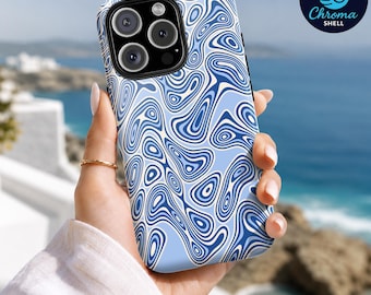Blue Wavy Abstract Phone Case – Retro Groovy Coastal Swirl Design