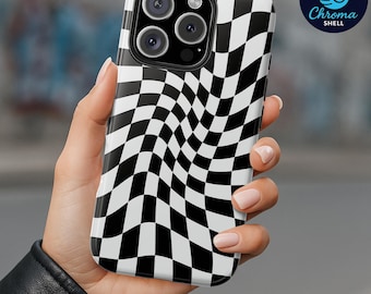 Trippy Checkerboard Phone Case – Warped Grid, Tough Cover