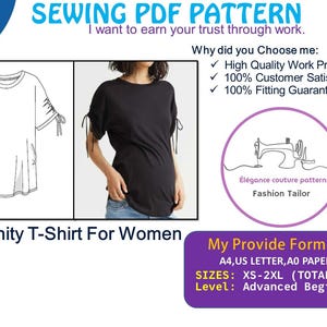 Puede incluir: Un dibujo en blanco y negro de un camiseta de maternidad con mangas atadas. La imagen incluye una foto de una modelo usando una camiseta negra con mangas atadas. El texto "SEWING PDF PATTERN" está en la parte superior de la imagen. El texto "Maternity T-Shirt For Women" está debajo de la imagen. El texto "My Provide Formats" está debajo de la imagen. El texto "A4, US LETTER, AO PAPER" está debajo de la imagen. El texto "SIZES: XS-2XL (TOTAL 6 SIZE)" está debajo de la imagen. El texto "Level: Advanced Beginner" está debajo de la imagen.