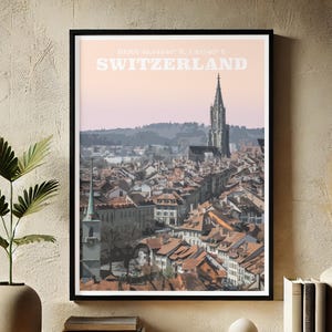 Póster de viaje de Berna, Suiza / Impresión de paisaje urbano del casco antiguo / Arte mural de arquitectura suiza / Decoración vintage europea