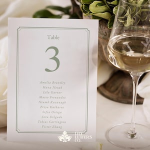 May include: A white table card with a green border and the number 3 in green. The card lists names below the number. A wine glass with white wine is in the background.